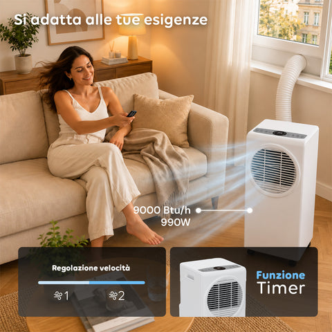 Condizionatore Portatile 9000 BTU 3 in 1 in ABS con Telecomando (Classe A R290), 895W + Timer 24h