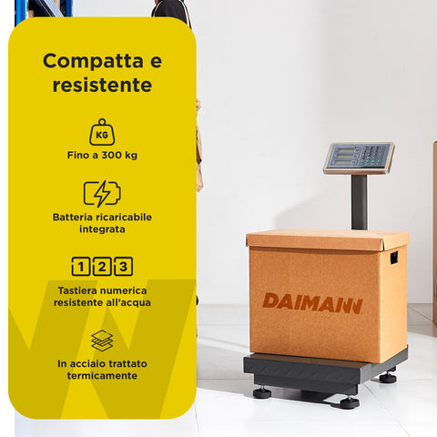 Bilancia compatta e resistente fino a 300kg con batteria ricaricabile integrata, struttura in acciaio trattato termicamente per uso industriale