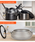 Confronto senza e con il set padelle Avilia per organizzazione cucina perfetta e spazio ottimizzato in modo intelligente
