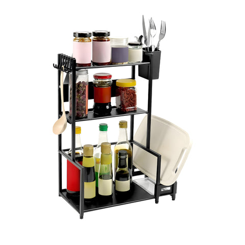 Scaffale da Cucina 3 Livelli in Ferro con Porta Utensili e Supporto Tagliere