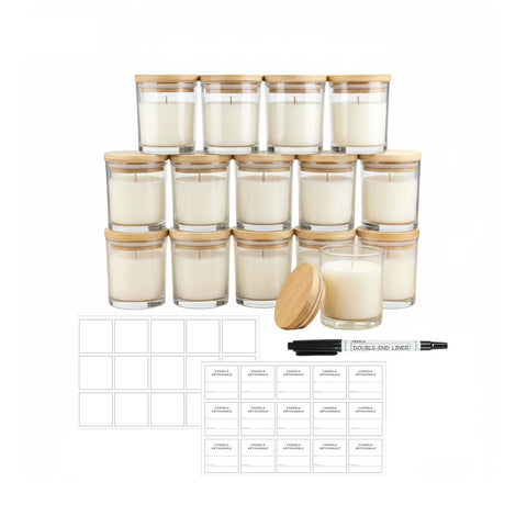 Set 15 Barattoli in Vetro per Candele da 170 ml con Coperchio in Bambù