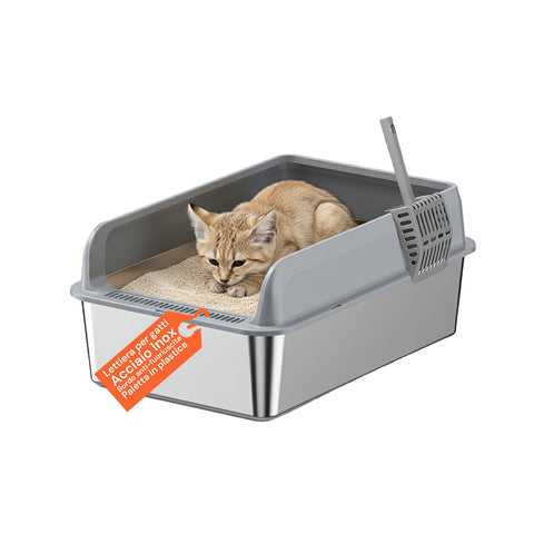 Kit Lettiera Acciaio per Gatti – Completo di Coperchio, Paletta e Sacchetto P