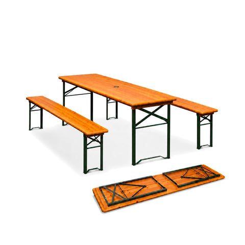 zendea set tavolo e 2 panche pieghevoli da giardino 120cm in legno con struttura in ferro e foro ombrellone 5cm portata tavolo 200kg ean 8050030810768