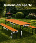 zendea set tavolo e 2 panche pieghevoli da giardino 120cm in legno con struttura in ferro e foro ombrellone 5cm portata tavolo 200kg ean 8050030810768