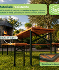 zendea set tavolo e 2 panche pieghevoli da giardino 120cm in legno con struttura in ferro e foro ombrellone 5cm portata tavolo 200kg ean 8050030810768
