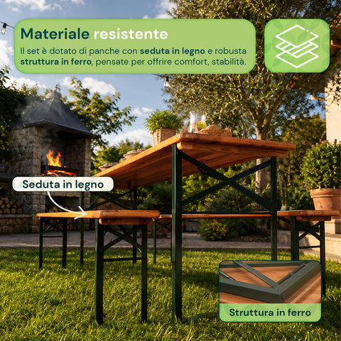 zendea set tavolo e 2 panche pieghevoli da giardino 120cm in legno con struttura in ferro e foro ombrellone 5cm portata tavolo 200kg ean 8050030810768