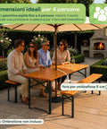 zendea set tavolo e 2 panche pieghevoli da giardino 120cm in legno con struttura in ferro e foro ombrellone 5cm portata tavolo 200kg ean 8050030810768