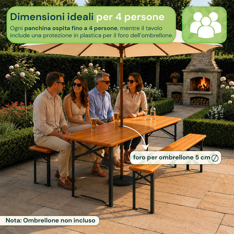 zendea set tavolo e 2 panche pieghevoli da giardino 120cm in legno con struttura in ferro e foro ombrellone 5cm portata tavolo 200kg ean 8050030810768