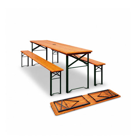 zendea set tavolo e 2 panche pieghevoli da giardino 120cm in legno con struttura in ferro e foro ombrellone 5cm portata tavolo 200kg ean 8050030810768