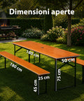 zendea set tavolo e 2 panche pieghevoli da giardino 120cm in legno con struttura in ferro e foro ombrellone 5cm portata tavolo 200kg ean 8050030810768