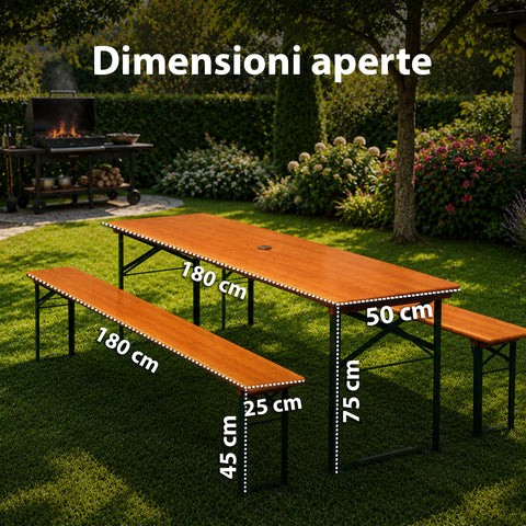 zendea set tavolo e 2 panche pieghevoli da giardino 120cm in legno con struttura in ferro e foro ombrellone 5cm portata tavolo 200kg ean 8050030810768