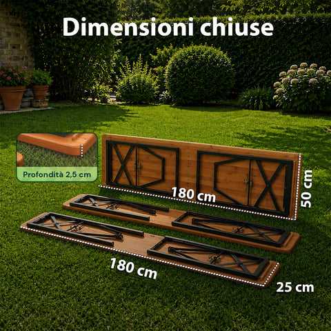 zendea set tavolo e 2 panche pieghevoli da giardino 120cm in legno con struttura in ferro e foro ombrellone 5cm portata tavolo 200kg ean 8050030810768