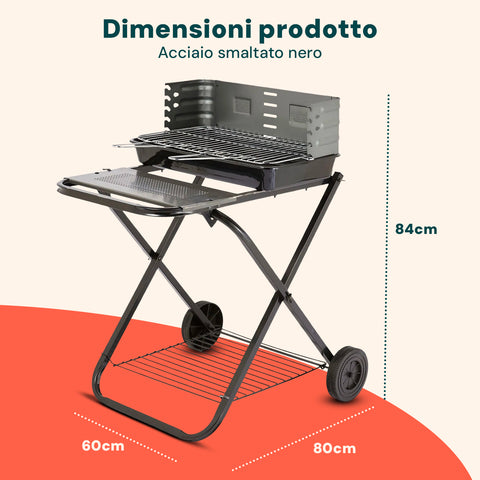 garden friend barbecue pieghevole in acciaio smaltato nero con ruote 60x80x84cm ean 8023755029548