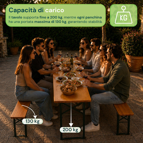 zendea set tavolo e 2 panche pieghevoli da giardino 120cm in legno con struttura in ferro e foro ombrellone 5cm portata tavolo 200kg ean 8050030810768