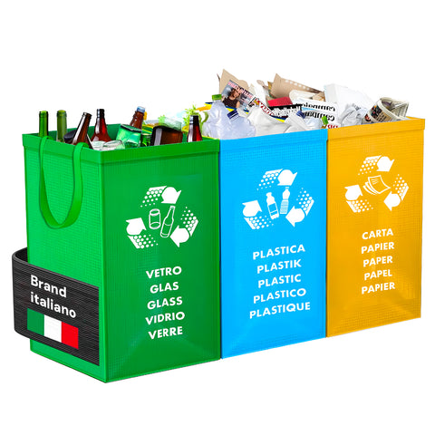 Set Borse Raccolta Differenziata in Plastica Lavabile per Vetro, Carta e Plastica