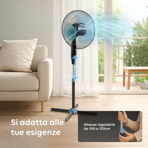 Ventilatore che si adatta alle tue esigenze con altezza regolabile 100-130cm e testa inclinabile, perfetto per soggiorno moderno
