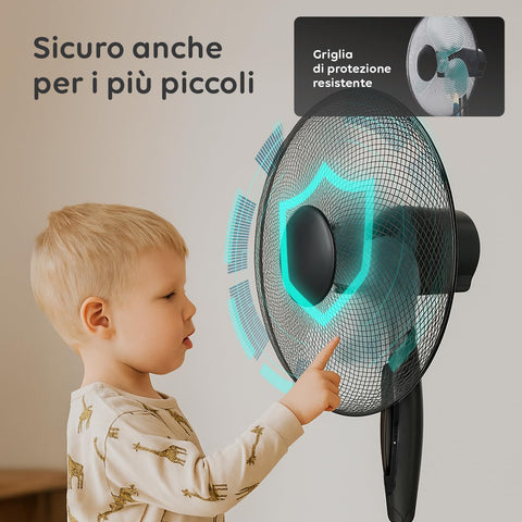 Ventilatore sicuro anche per i bambini più piccoli con griglia di protezione resistente, massima sicurezza per tutta la famiglia
