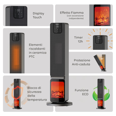 Wintem Termoventilatore a Colonna Aspen Stufa Elettrica 2000W Oscillante Effetto Camino con APP Tuya, LED Display, Telecomando, Funazione ECO e Timer Ean-8052286431346