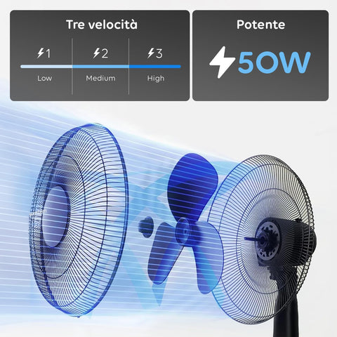 Ventilatore con tre velocità Low Medium High, potente 50W per flusso d'aria personalizzabile e comfort ottimale in ogni ambiente