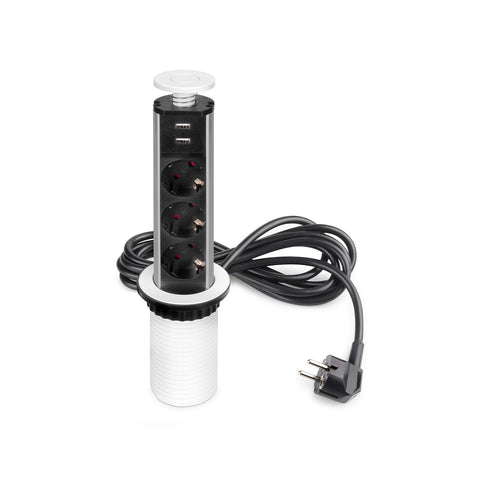 Multipresa A Scomparsa Verticale Da Scrivania Eu Con 3 Prese Schuko E 2 Porte Usb ø 6cm Bianco