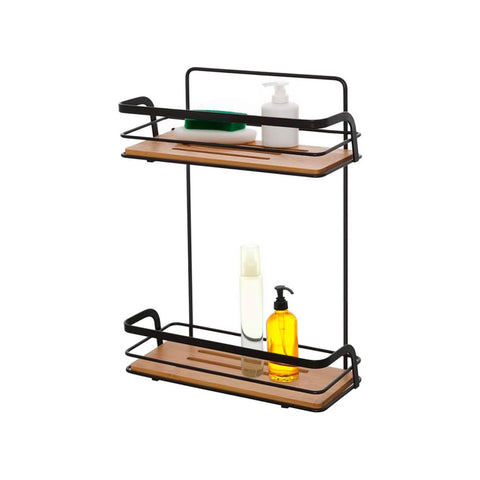 Mensola Rettangolare Per Doccia A 2 Ripiani In Bambù In Acciaio Nero 26x36x10cm