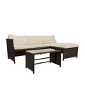 Set completo divano angolare Zendea SANTORINI in rattan marrone con cuscini bianchi e tavolino con piano in vetro temperato